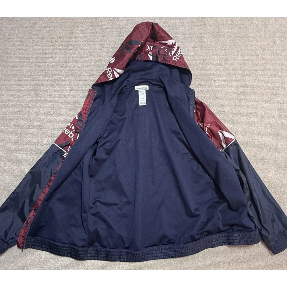 Reebok Jacket Youth 14/16 Blue Burgundy Hooded Windbreaker Colorblock Logo Print